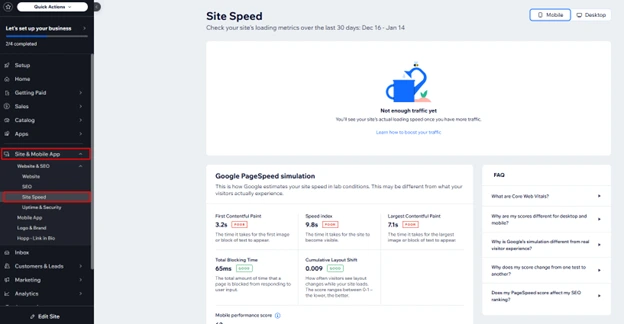 Wix Dashboard Site Speed
